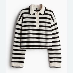 H&M Divided Short Polo Sweater black & cream striped collared knit
